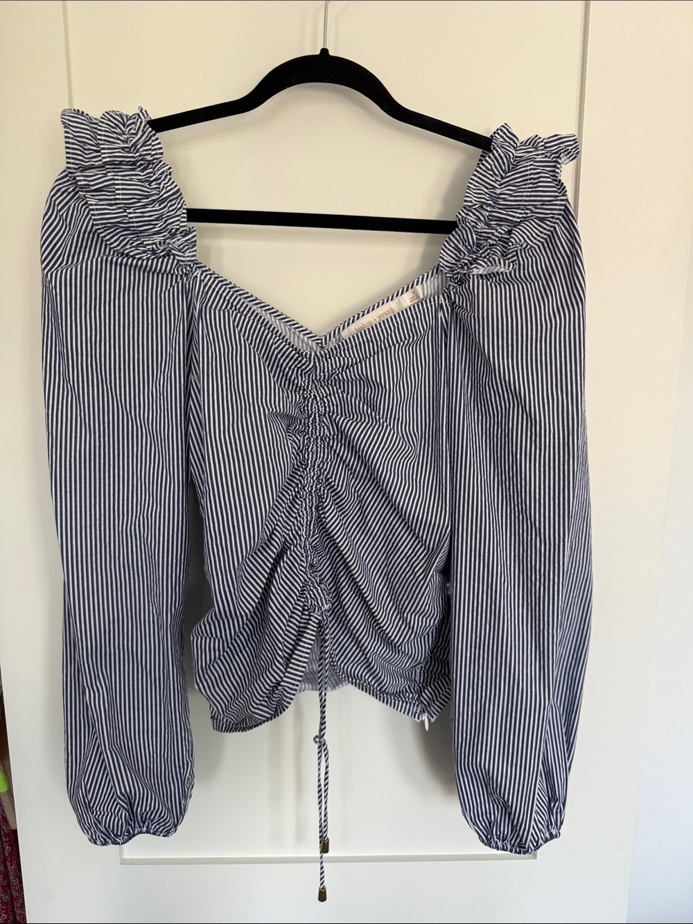 bishop + young Navy and White Striped Ruched Off-Shoulder Blouse